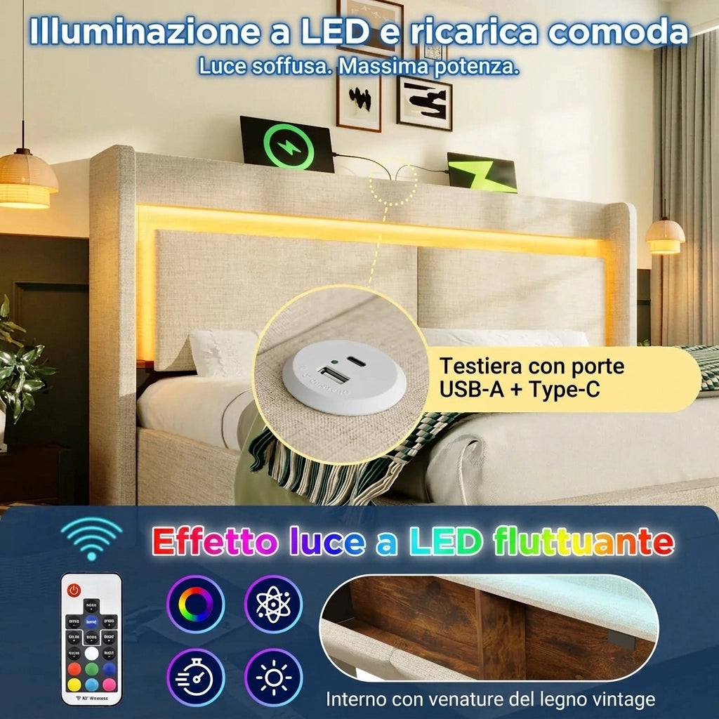 Letto Matrimoniale 160x200 con Contenitore; Testiera LED e Prese USB; Letto Imbottito in Lino Beige