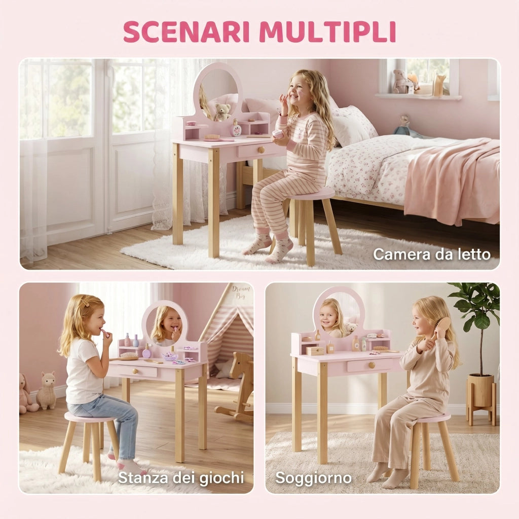 Set Toeletta Trucco per Bambina 55x34x82 cm con Sgabello Specchio e Cassetto in Legno Rosa
