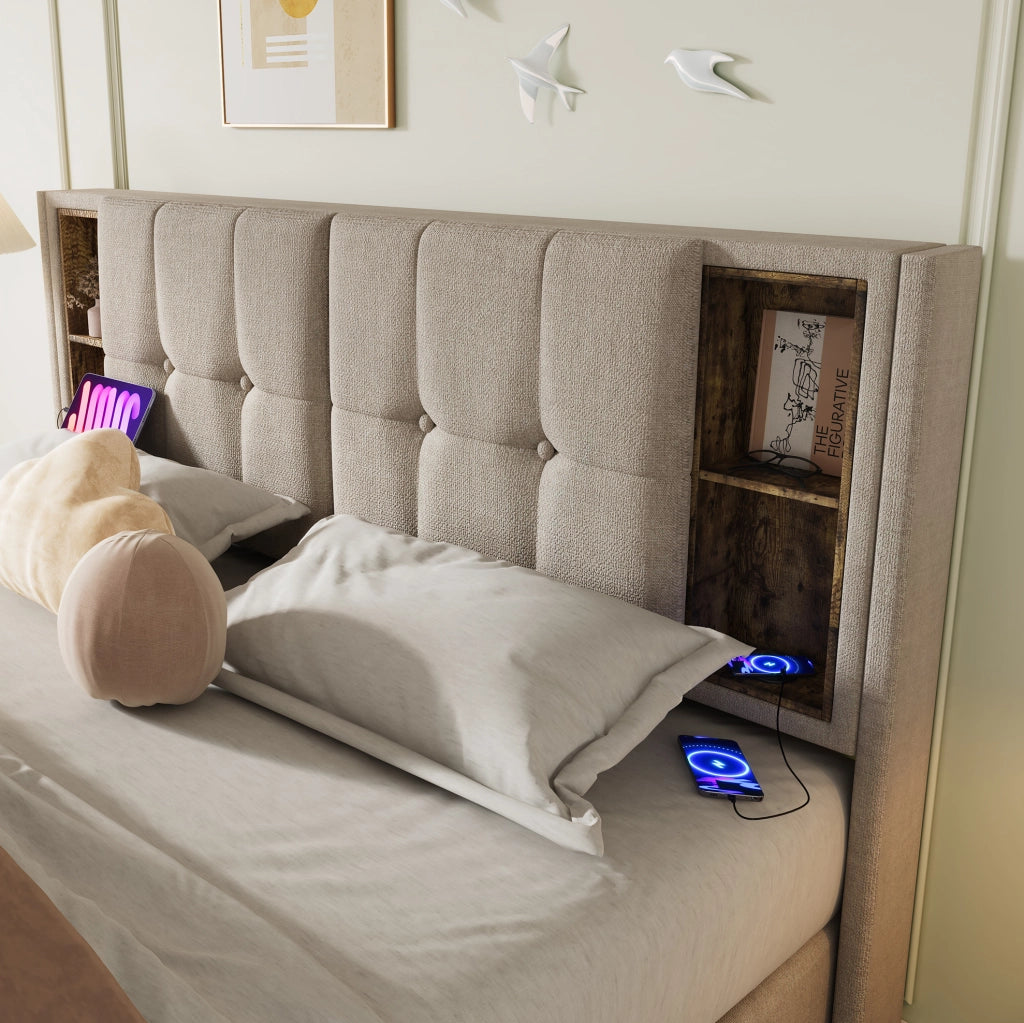 Letto imbottito 160 x 200 cm con ricarica wireless, vano contenitore e materasso