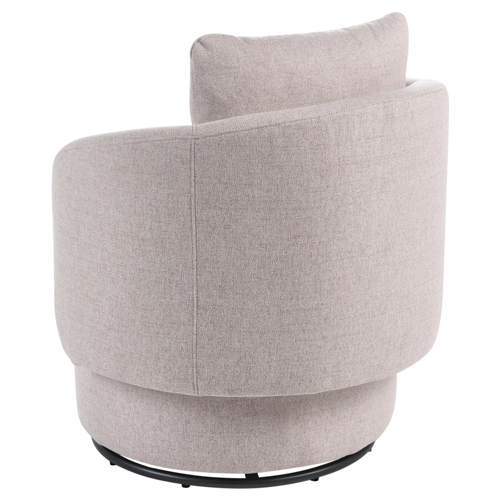 Poltrona in tessuto beige base girevole a 360° con vano portaoggetti cuscino decorativo stile retrò salotto angolo lettura