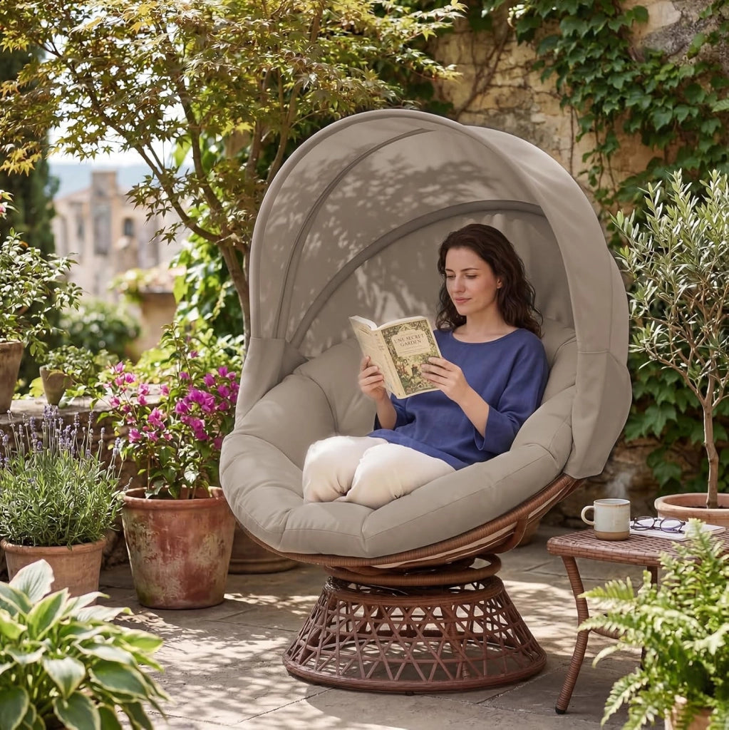 Poltrona da papasan, comoda poltrona girevole con cuscino rotondo, comoda poltrona in rattan, girevole, in vimini, per soggiorno, angolo lettura, lounge – marrone