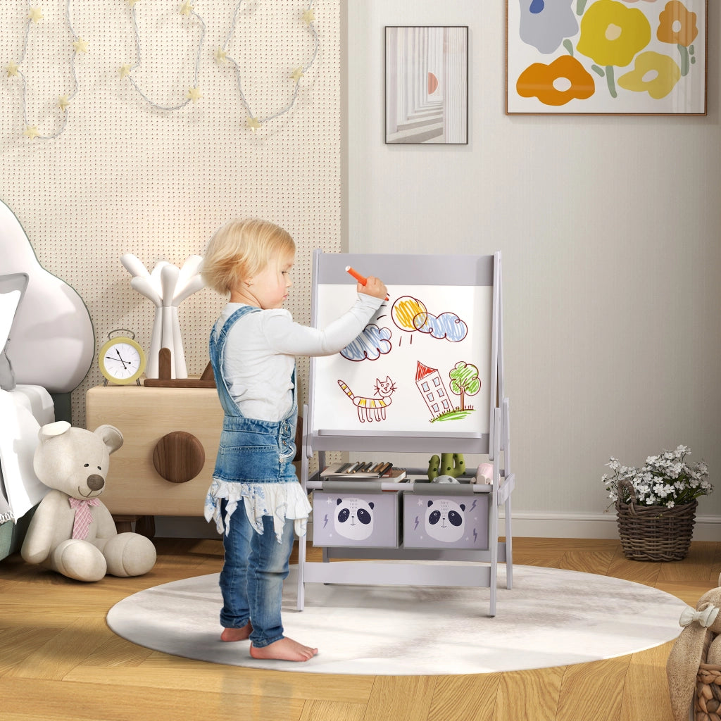 Lavagna per Bambini 54x46,5x93 cm con Cavalletto 3 in 1 e 2 Contenitori in MDF e Legno Grigio