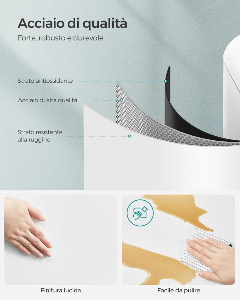 SONGMICS Pattumiera da Cucina, Cestino della Spazzatura da 30L, Pattumiera a Pedale in Acciaio con Coperchio e Secchio Interno, Chiusura Morbida Ammortizzata, Bianco LTB01W