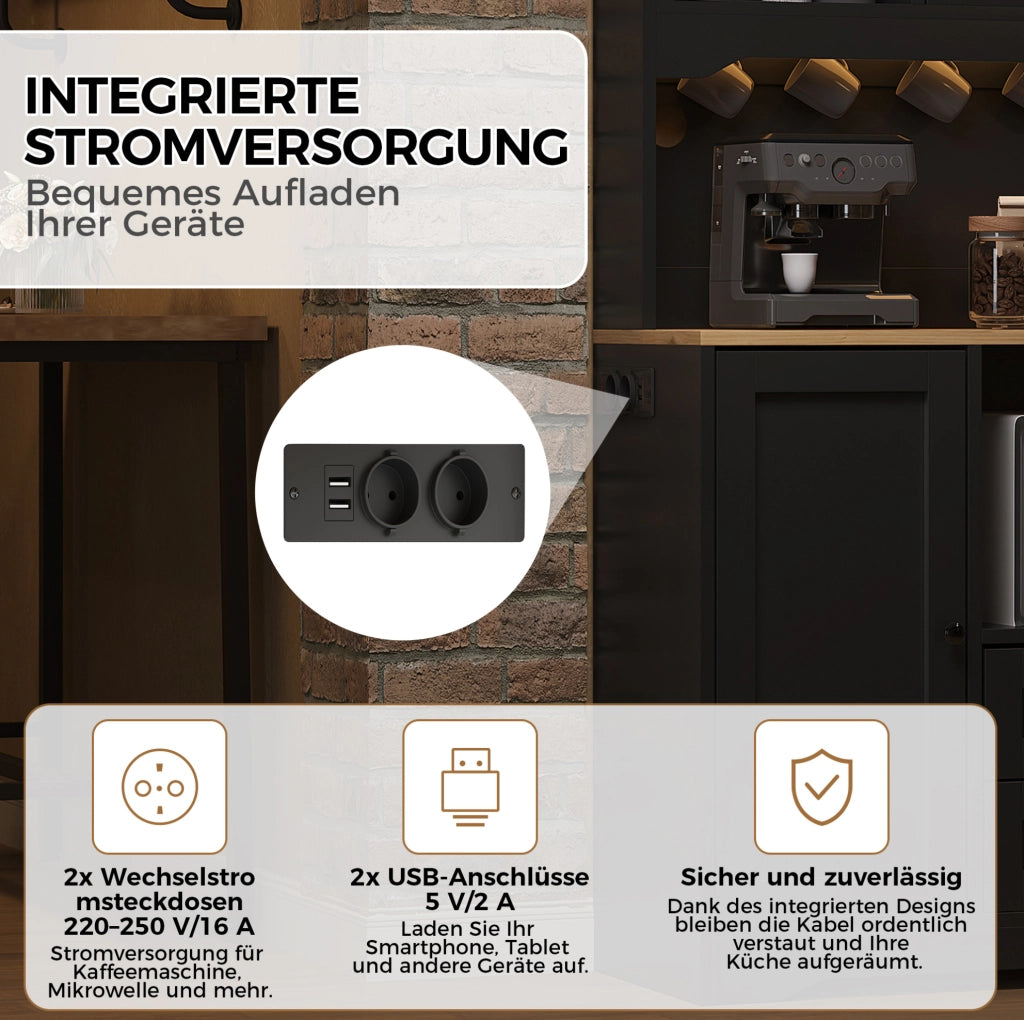 Credenza cucina multifunzione con LED, prese USB e ripiani regolabili
