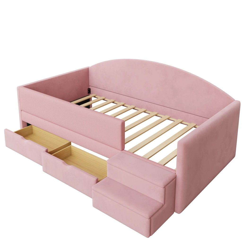 LETTO imbottito 90x190 cm Rosa con 2 cassetti e scaletta