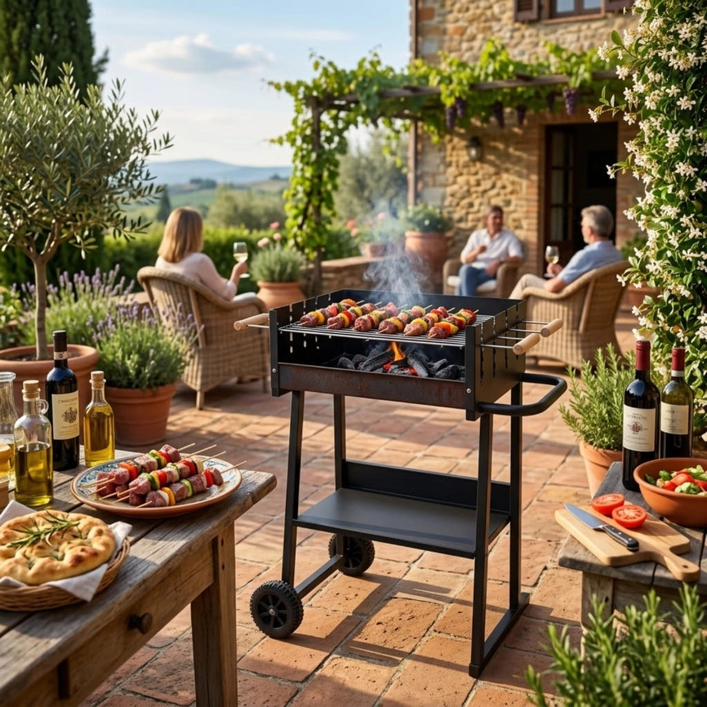 Barbecue A Carbonella Con Telaio In Acciaio Termoresistente Griglia Regolabile Ripiano Inferiore E Design Funzionale Per Outdoor Cooking 87 x 52 x 90 Cm Nero