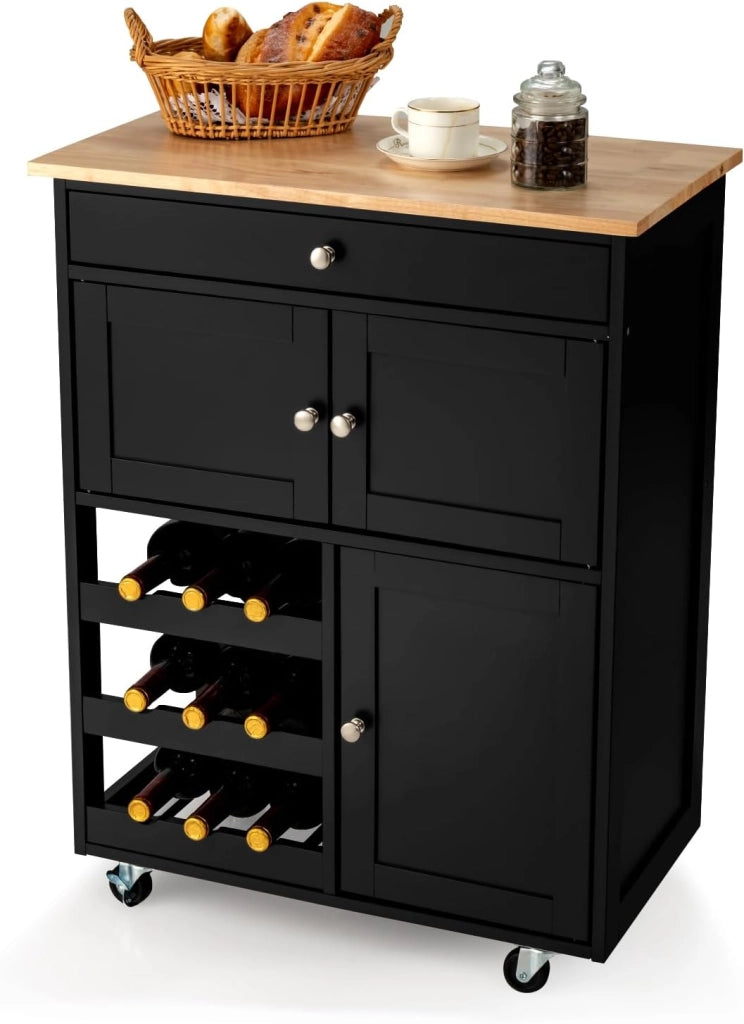 Carrello da Cucina Interno e Esterno, 1 Cassetto + 3 Ante + 3 Porta Vino, Credenza Mobile con 2 Ruote Bloccabili, Salvaspazio, Portata di 30 kg, 67x37x86 cm, 2 Colori (Nero)
