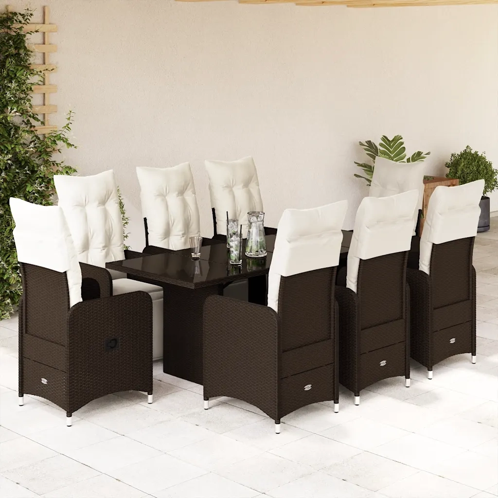 vidaXL Set Bistrò da Giardino 9 pz con Cuscini in Polyrattan Marrone