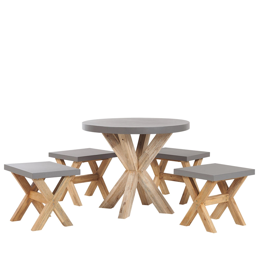 Set da Giardino con Tavolo Rotondo e 4 Sgabelli in Cemento Grigio e Base in Legno di Acacia