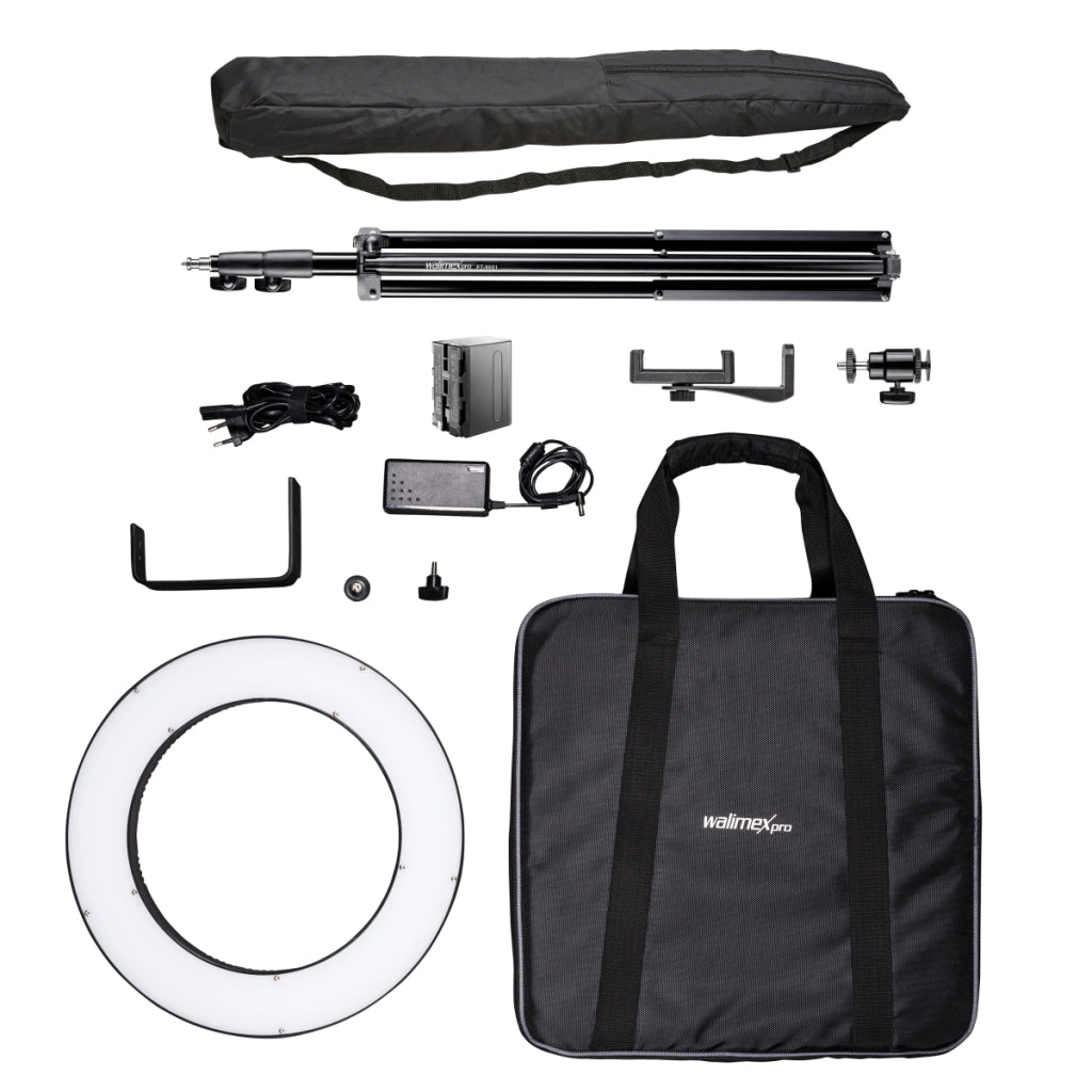 Ring light a LED 380 Bi-Color dimmerabile 23W, Luce ad anello con treppiedi fotografico e batteria, per foto e video, incl. accessori