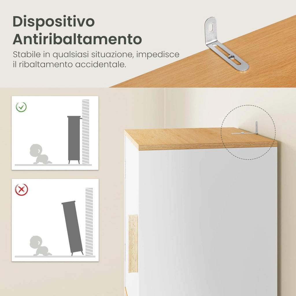 Mobile da Bagno Alto e Stretto, Armadio a Colonna da Bagno Salvaspazio in Legno MDF Mobiletto, Mobile Multiuso con 2 Ante, 1 Cassetto e 1 Vano Aperto, Bianco, 40x30x180cm