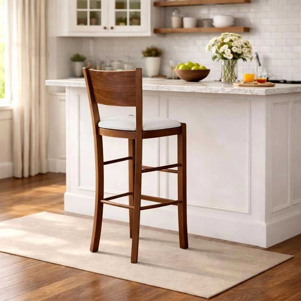 Sgabello alto da bar lucy in legno noce scuro h 73 con seduta in ecopelle grigio
