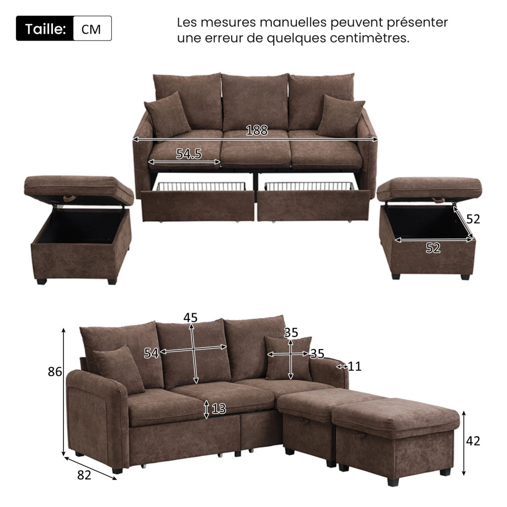 OKWISH Divano ad Angolo Modulare 3 Posti, Funzione Letto con Contenitore e 2 Pouf, Ciniglia e Schiuma, Marrone Antico