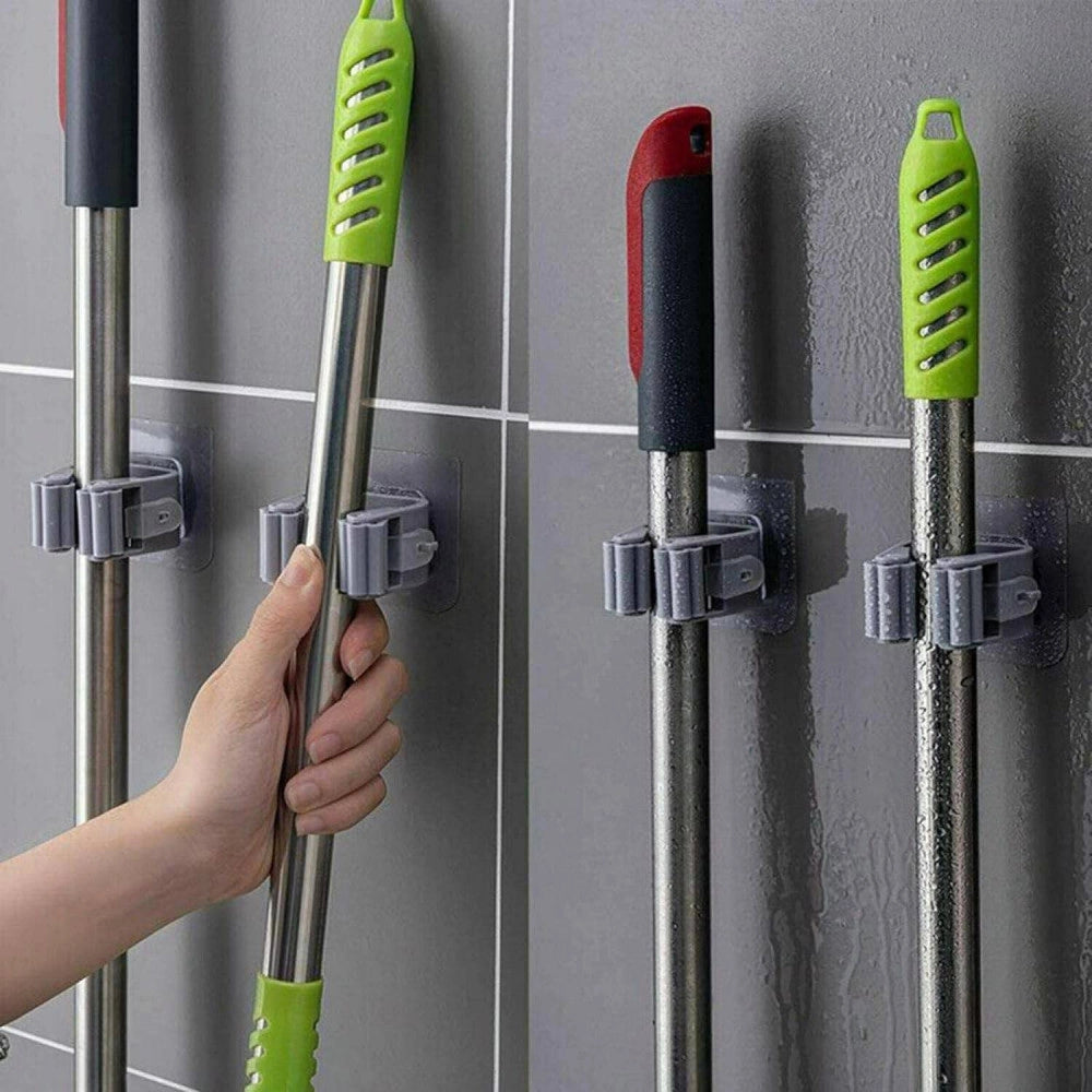 Trade Shop - Set 2 Ganci Porta Scopa Mop Supporto Adesivo Resistente Appendino Bagno Cucina -