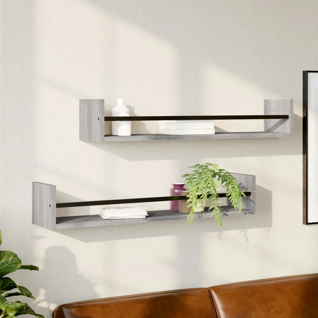 2 pz Mensole a Parete | Scaffale Parete | Ripiano a parete con Aste Grigio Sonoma 80x16x14 cm