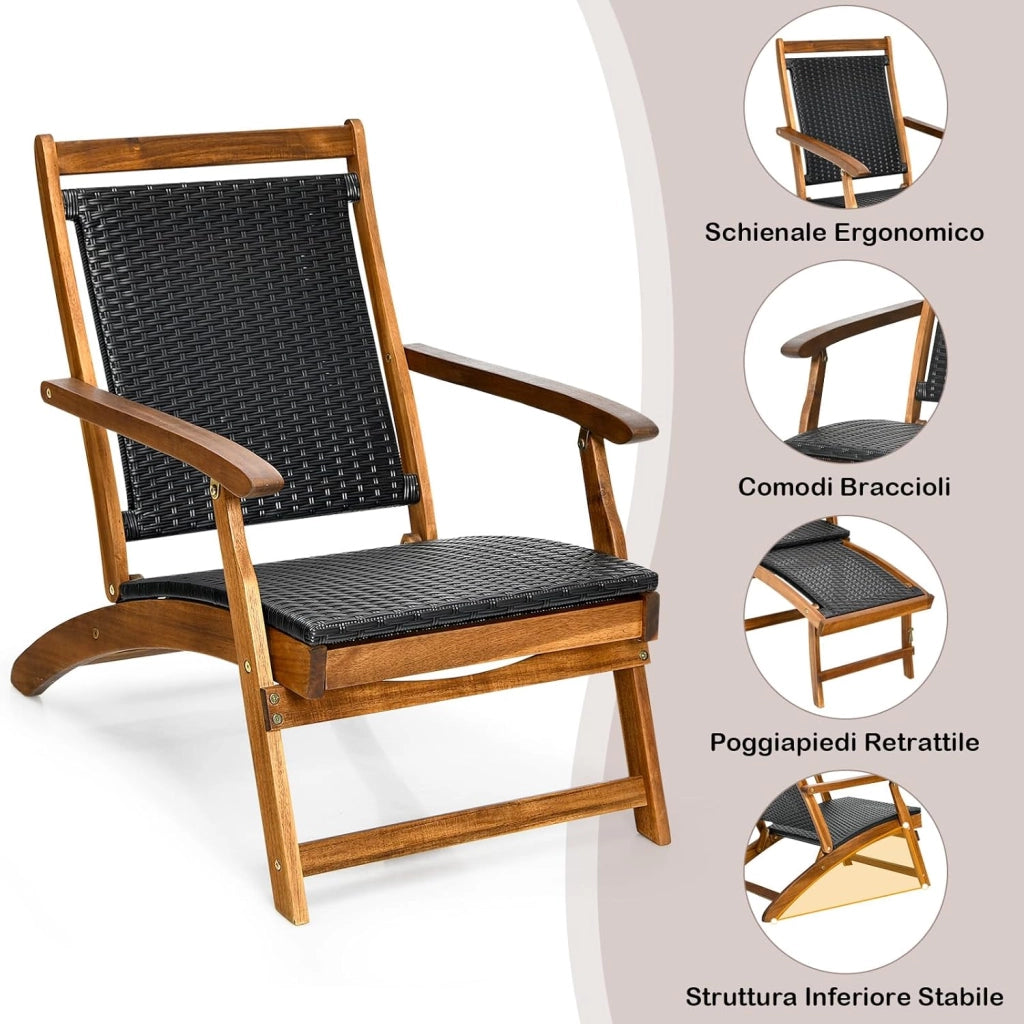 Sedia a Sdraio da Esterno con Poggiapiedi Telescopico, Schienale e Sedile in Rattan, Poltrona Pieghevole con Struttura in Legno Massello per Giardino, Cortile, Portata 160 kg