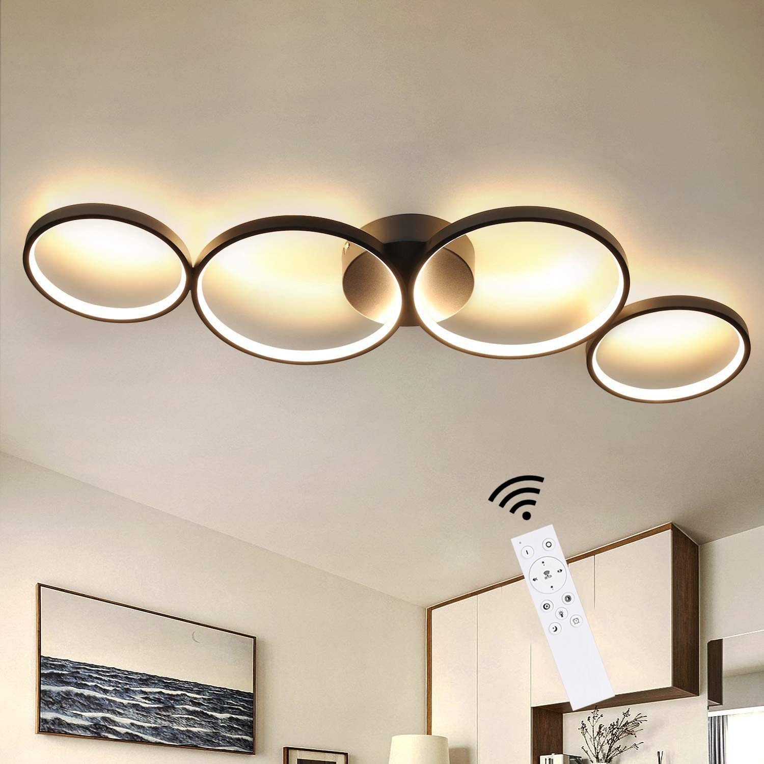 ZMH Lampada da soffitto LED moderna 4 anelli fiamma telecomando per soggiorno
