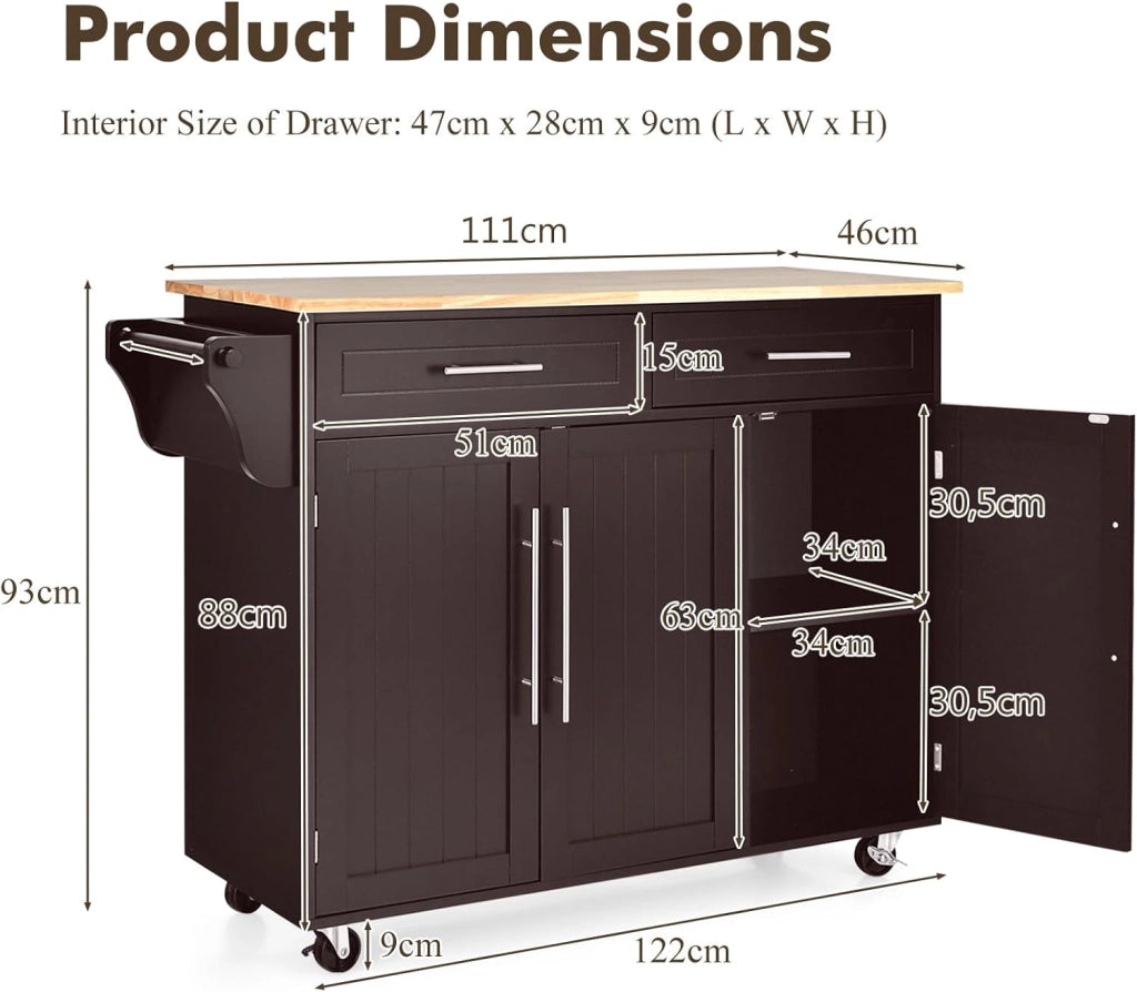 Carrello Portaoggetti con Ruote con 2 Freni, Isola Cucina in Rovere Massiccio, Mobiletto da Pranzo con Portaspezie e Portasciugamani, per Soggiorno, 111,5 x 46 x 93 cm, In 2 Pacchi (Marrone)