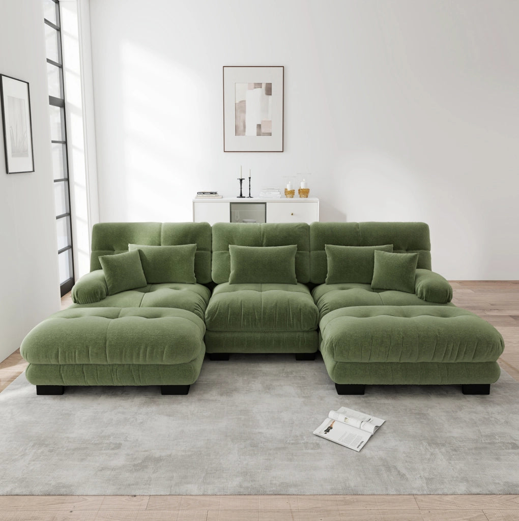 Divano modulare con ottomane mobili in ciniglia verde; 313 x 145 x 81 cm