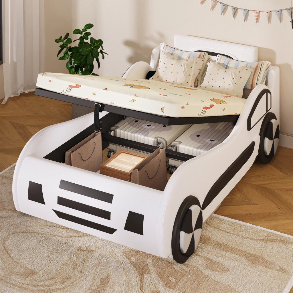 Letto auto per bambini 90 x 200 cm con rete a doghe e contenitore idraulico; MDF e PU; bianco