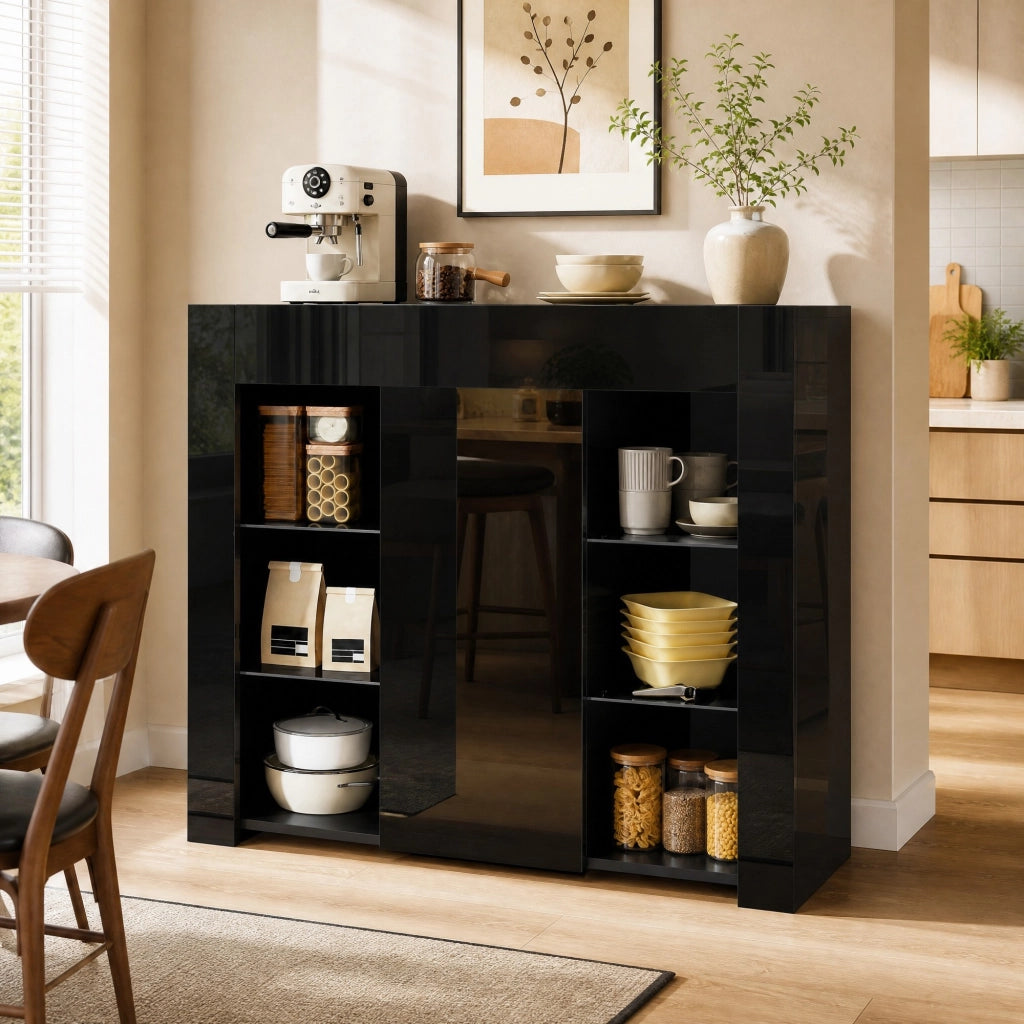 Buffet moderno nero con frontale lucido, ante e ripiani in vetro, 95x35x83 cm