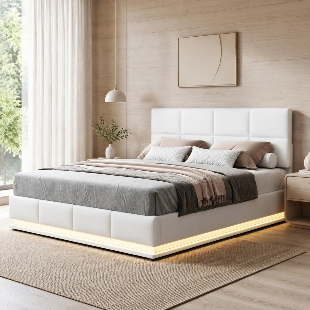 Letto matrimoniale 180x200 cm imbottito in similpelle bianca con LED e contenitore idraulico