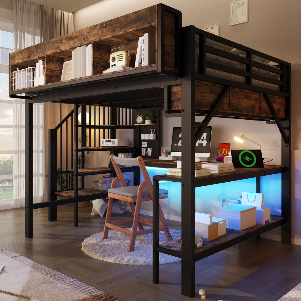 Letto a Soppalco 140 x 200 cm - Scrivania Angolare; Contenitore; USB; Presa e LED