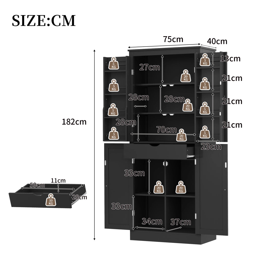 Credenza alta con 2 ante, ripiani e cassetto interno, per cucina e soggiorno, in MDF, nera, 75 × 40 × 182 cm