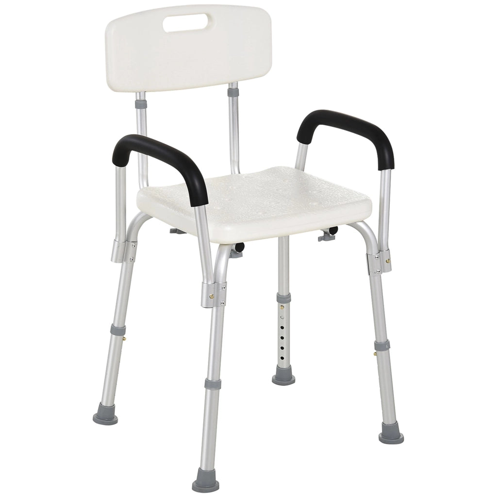 Sedia da Doccia in HDPE a 6 Altezze Regolabili con Schienale e Braccioli, 47x50x74-87 cm, Bianco e Argento