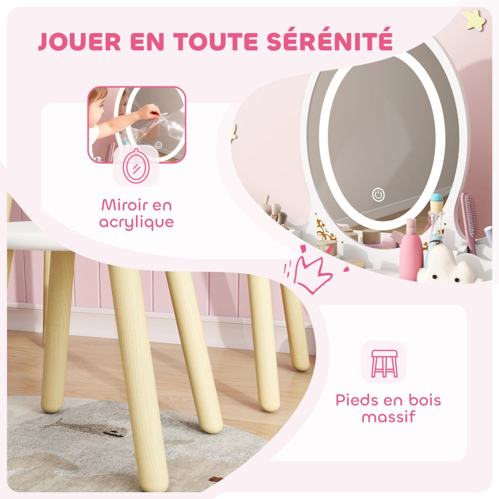Scrivania per bambini con specchio LED e sgabello ¨C zephmum ¨C bianco 60x30x99,3 cm