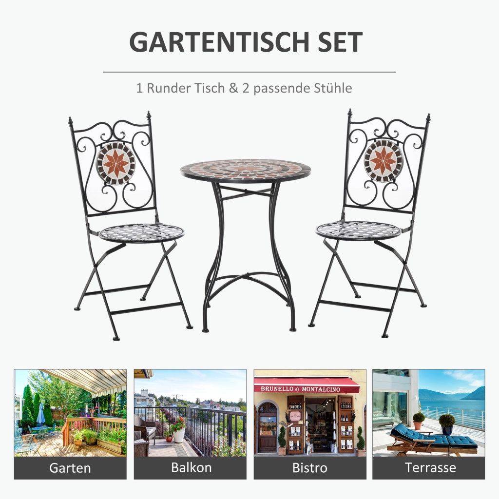 Set Giardino per 2 Persone con Tavolo Mosaico e 2 Sedie Pieghevoli in Metallo ¨C zephmum ¨C Multicolore