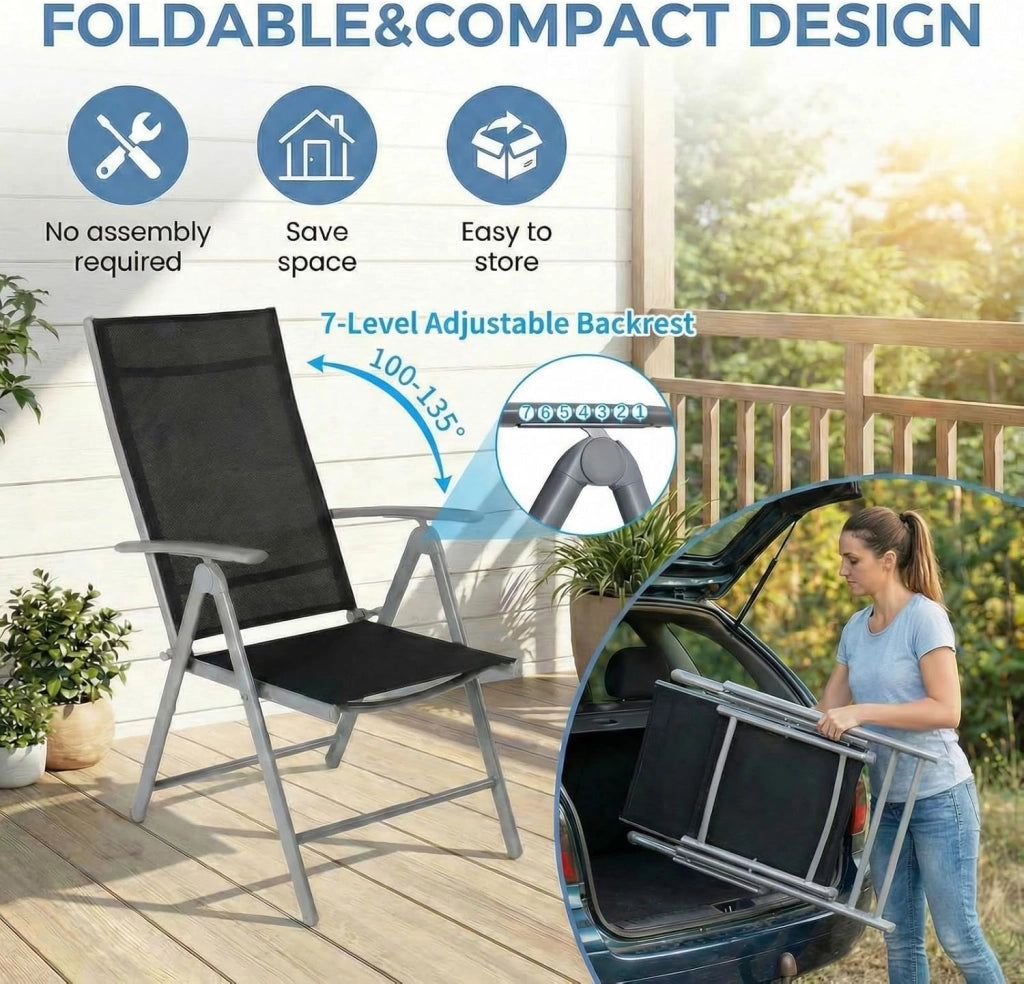 Set di 5 Mobili da Giardino in Alluminio, Tavolo Rettangolare 110x70 cm + 4 Sedie Pieghevoli Regolabili, Resistente alle Intemperie, Arredamento per Terrazza, Balcone e Esterno, Grigio Argento
