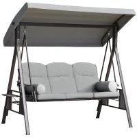 Dondolo da Giardino a 3 Posti con Tetto Regolabile, Cuscini e Vassoi, Poliestere, 116 x 206 x 183 cm, Grigio Chiaro