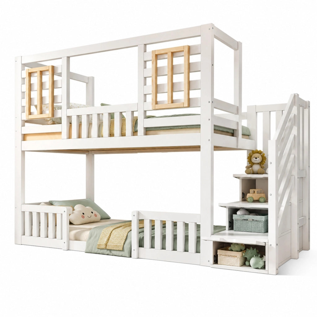 Letto a castello con scala contenitore; 2 posti letto 90x200 cm; bianco