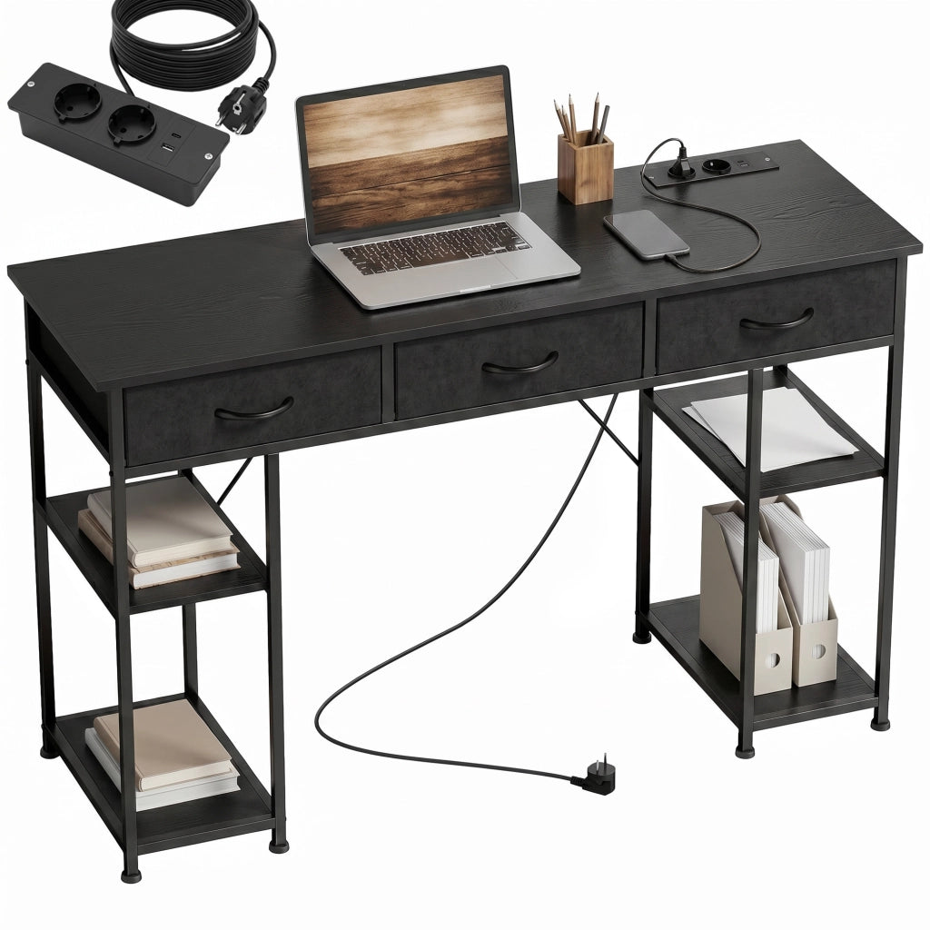 Scrivania con cassetti e ripiani ¨C Xylo ¨C 3 cassetti in tessuto, 4 ripiani, prese elettriche, 120x40x76 cm, nero