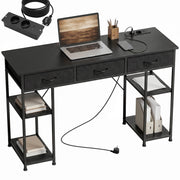 Scrivania con cassetti e ripiani ¨C Xylo ¨C 3 cassetti in tessuto, 4 ripiani, prese elettriche, 120x40x76 cm, nero