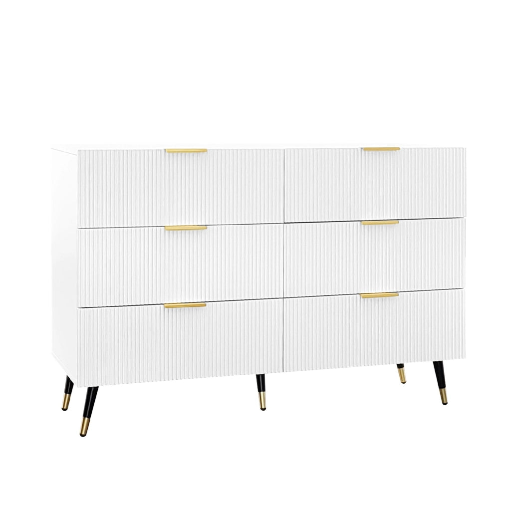 Credenza 120x77x40 cm con 6 cassetti; pannello truciolare bianco e oro