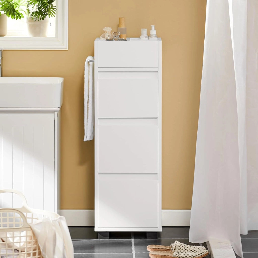 Mobiletto Bagno Salvaspazio, Mobile Stretto Bagno 3 Cassetti e 4 Scomparti, Cassettiera Salvaspazio Bianco, 30x90x30 cm, BZR29-W