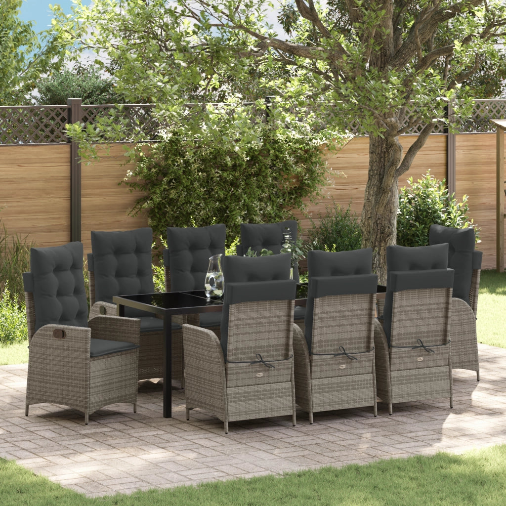 Set da Giardino da 9 pezzi con Cuscini Grigio Polyrattan