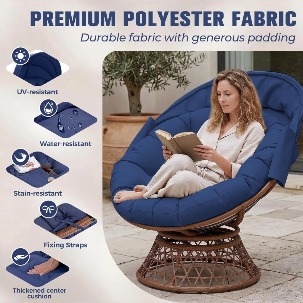 Poltrona da papasan, comoda poltrona girevole con cuscino rotondo, comoda poltrona in rattan, girevole, in vimini, per soggiorno, angolo lettura, lounge – blu
