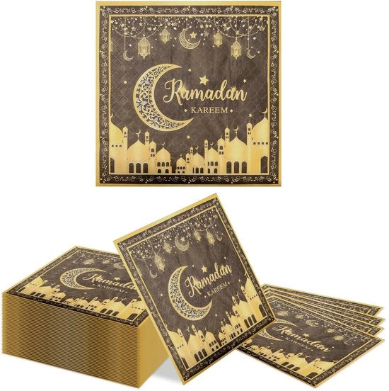 Serviette da Tavola 40 Pack - Nero/ Oro - Tema Ramadan - Due Strati - Accessori di Festa - Disegni a Luna - Serviette da Festa