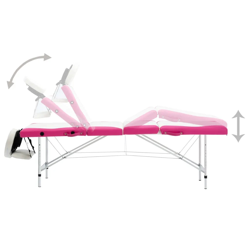 Lettino da Massaggio a 4 Sezioni in Alluminio Bianco e Rosa