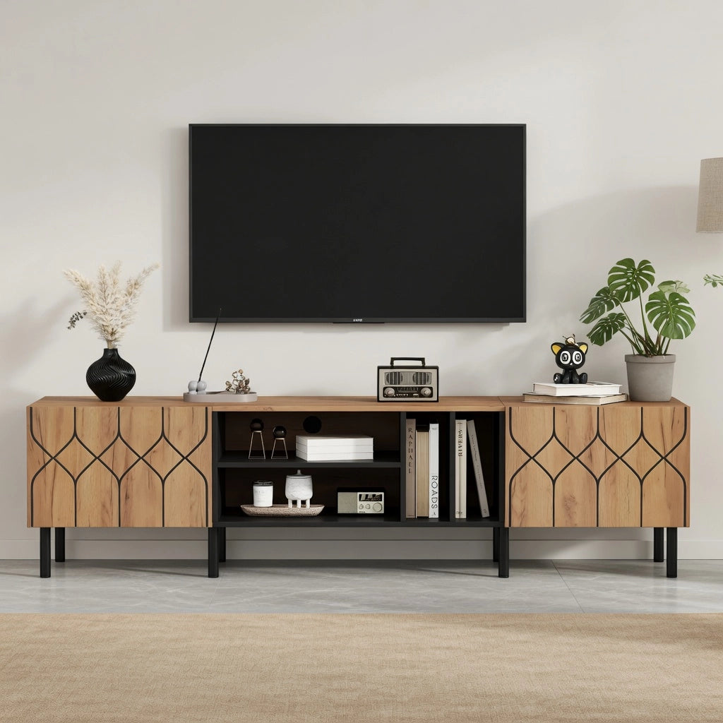 Cassettiera TV in truciolato e MDF color naturale e nero; lunghezza 180 cm