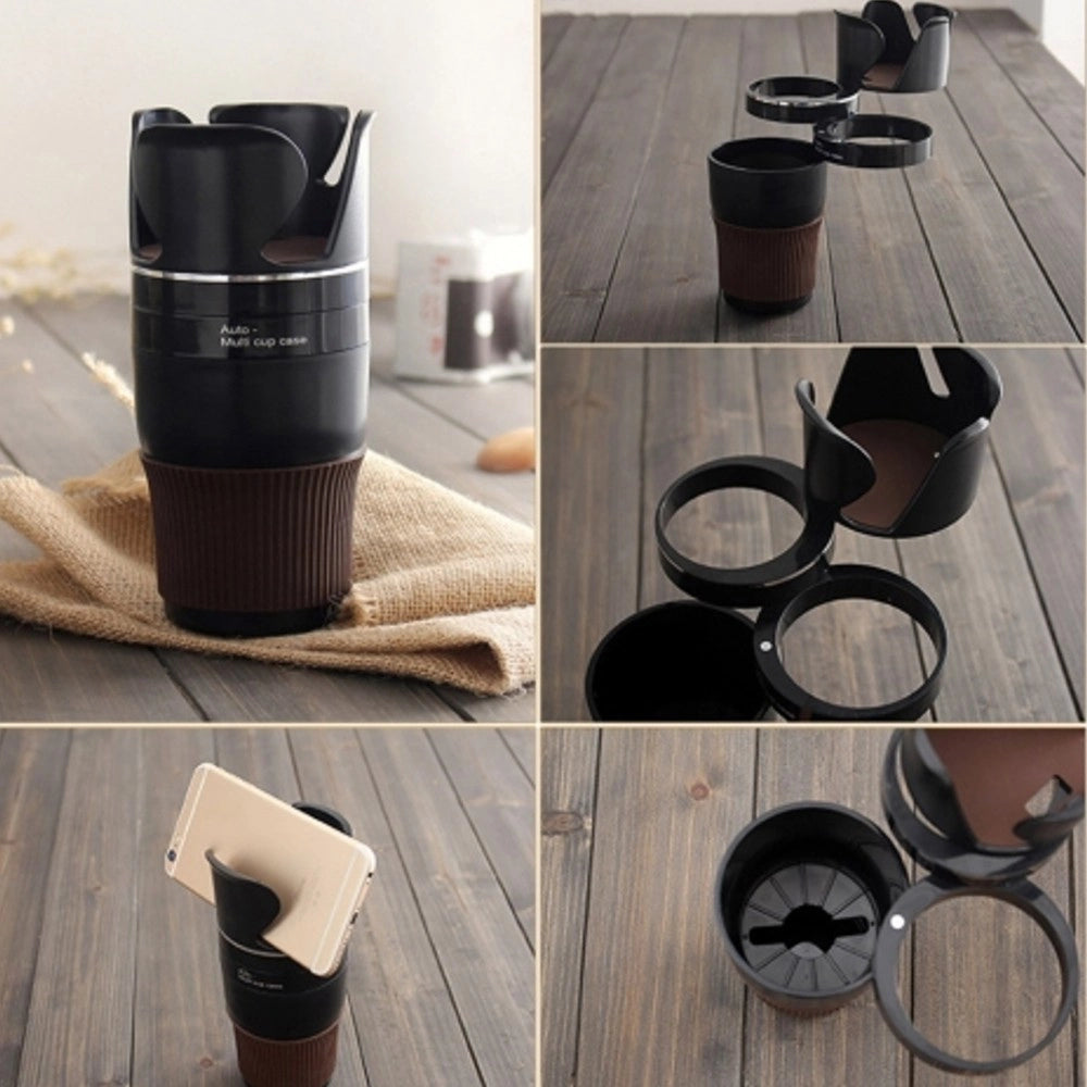 Trade Shop - Tazza Auto Multifunzione 5in1 Anelli Girevole Porta Bevande Bicchiere Smartphone -