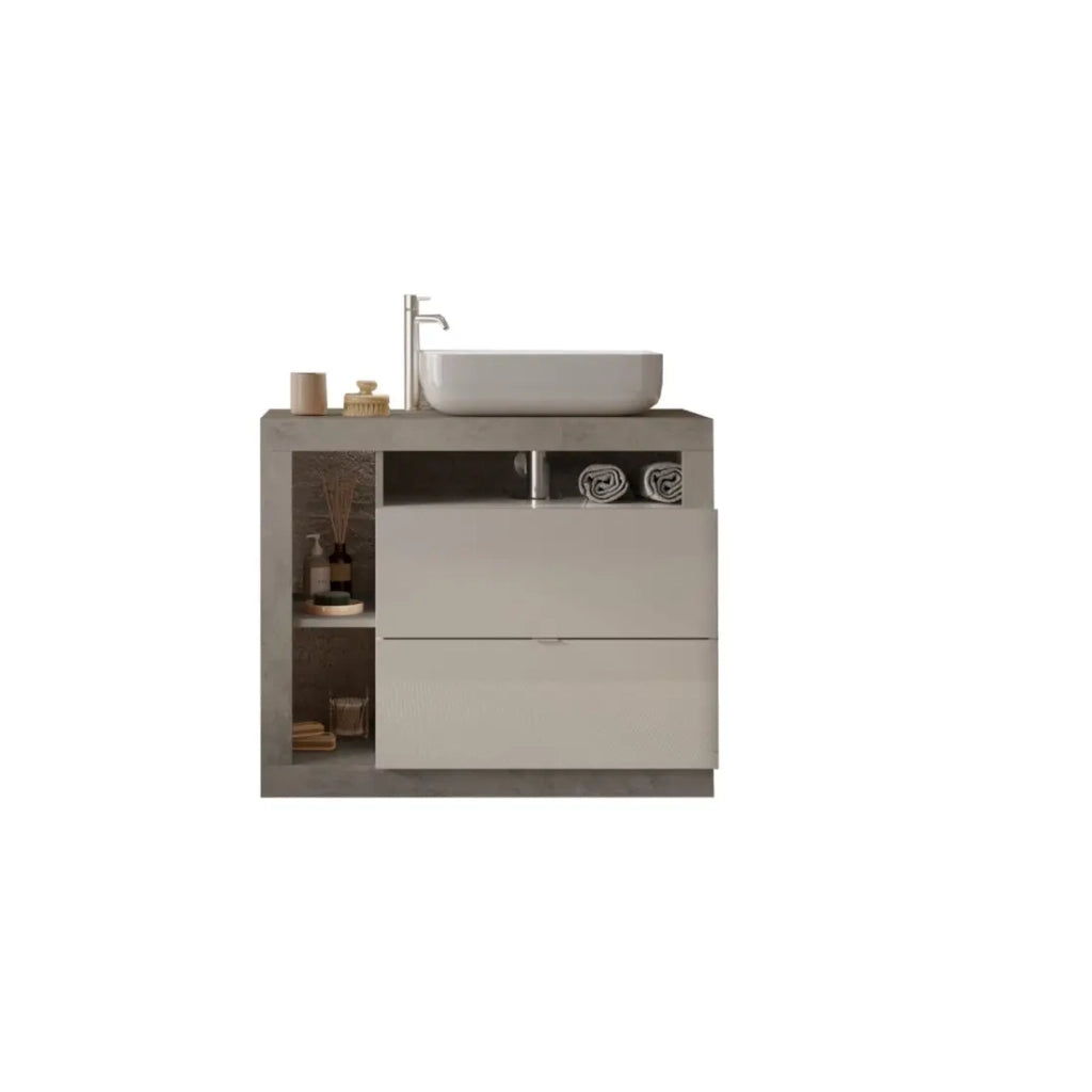 Mobile da bagno con un lavabo e 2 cassetti, lunghezza 92 cm, collezione BURA. Colori bianco lucido e cemento.