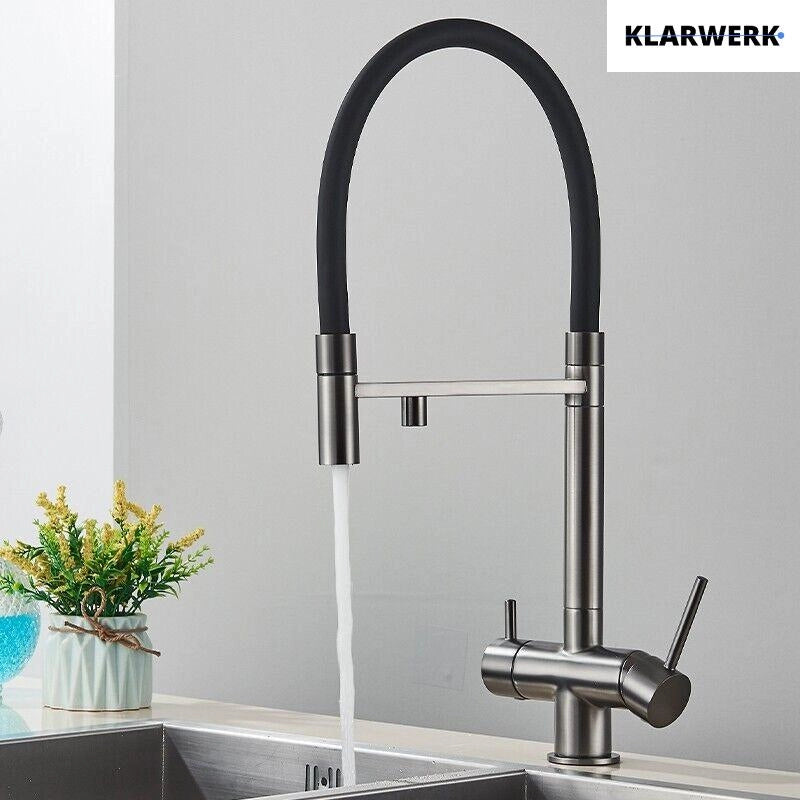 Lana | Rubinetto estraibile grigio nero a 3 vie | Miscelatore cucina per acqua potabile in acciaio inossidabile | Girevole a 360° Filtra 3 connessioni