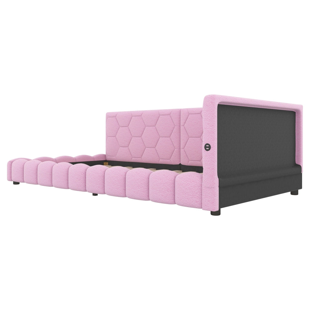 DESMIU Letto daybed 90 × 200 cm 1 posto LED regolabile, USB, Type-C, senza materasso, velluto, rosa