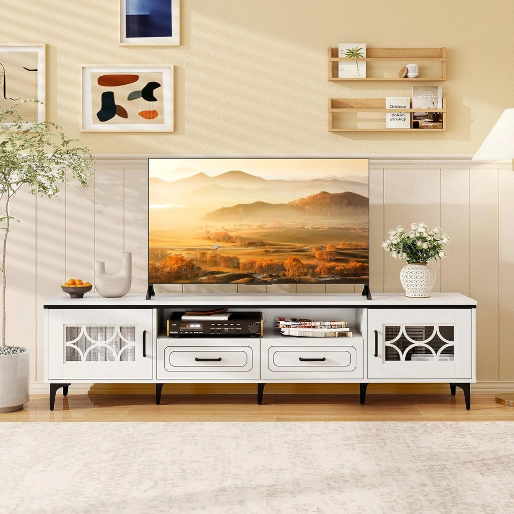 Mobile TV per TV fino a 80", supporto TV con scomparti aperti, armadi laterali e cassetti, 180,5 x 35 x 46 cm, porte con piano in PVC, per soggiorno, camera da letto (bianco)