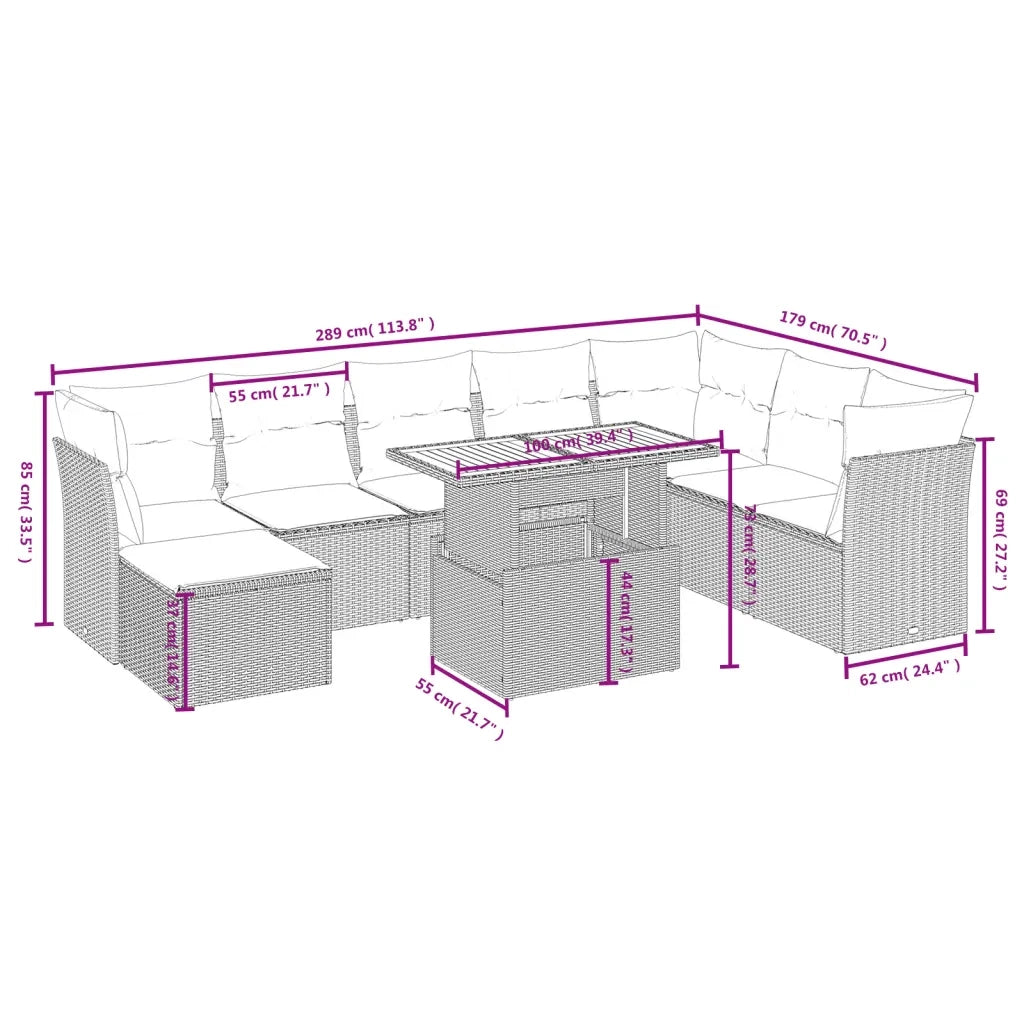 Set Divani da Giardino 9 pz con Cuscini Nero in Polyrattan 3275513