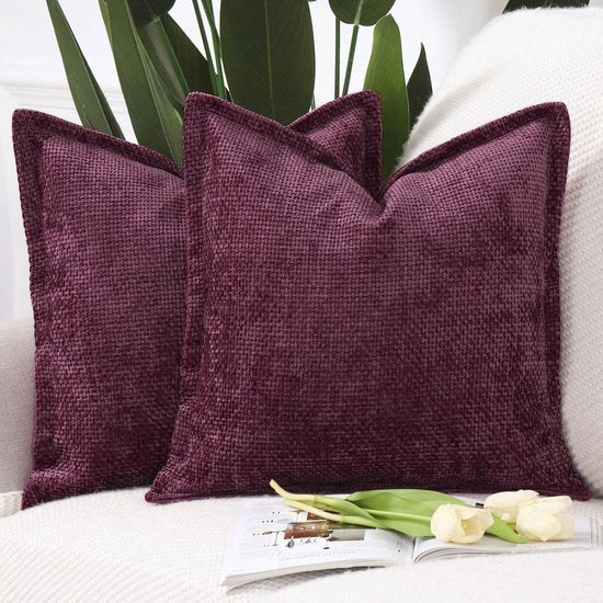 Set di 2 cuscini in chenille flanella con bordo morbido decorativo cuscini moderni per divano salotto camera da letto rosso bordeaux 45 x 45 cm